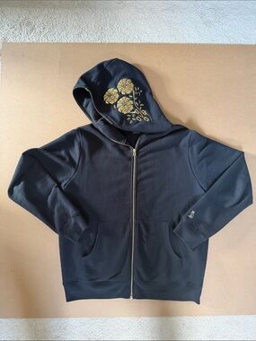 OVO Black Zip-Up Hoodie with Gold Floral Embroidery